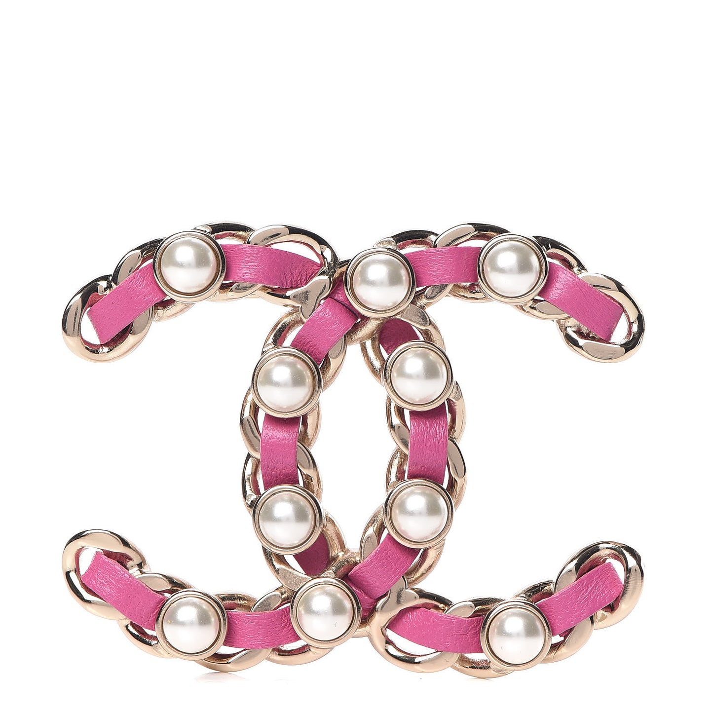 Lambskin Pearl Chain CC Brooch Pink Gold