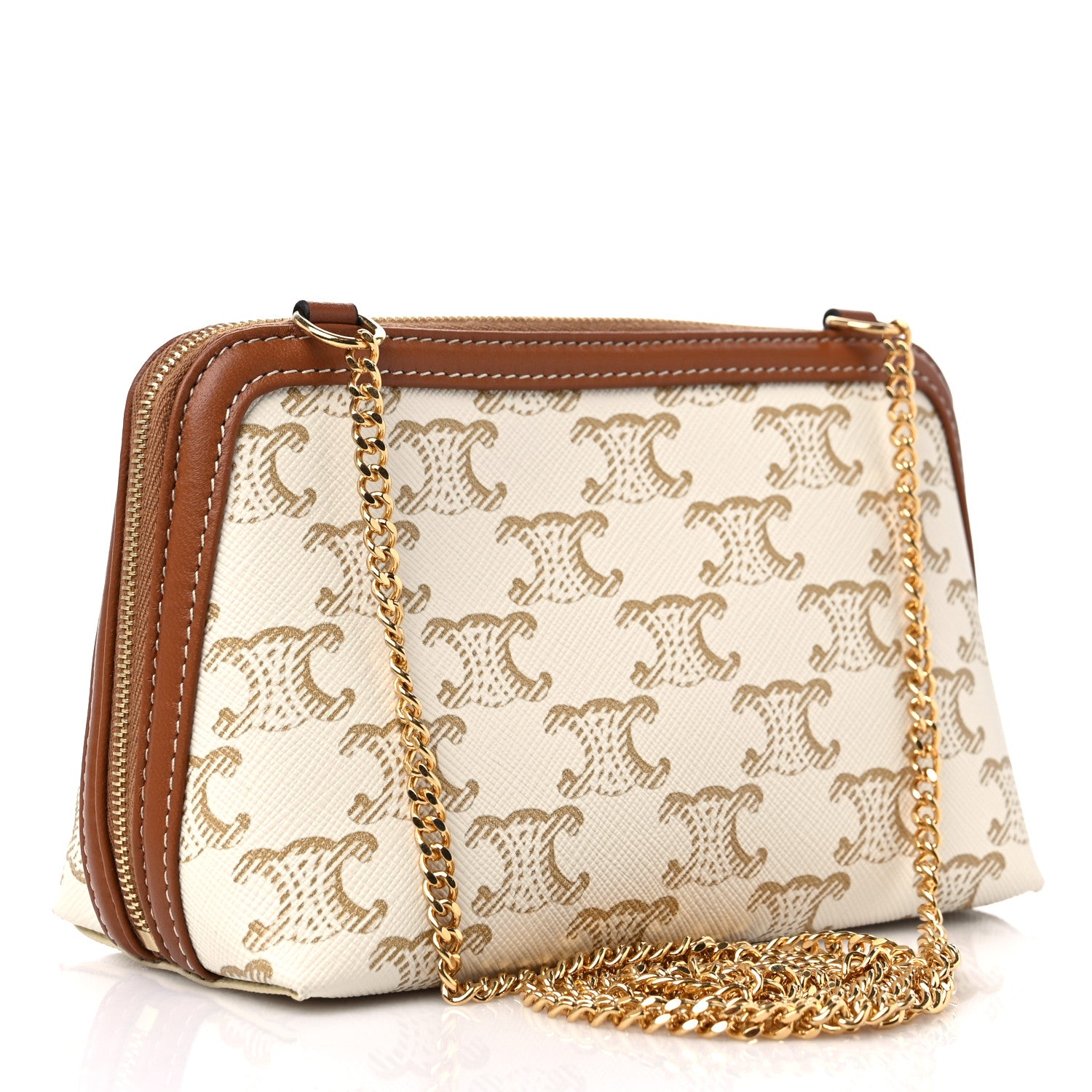 Celine Lambskin Triomphe Canvas Clutch With Chain White Tan 3 of 9