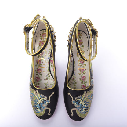 Gucci Satin Embroidered Dragon Caspar Pumps 36 Black 7 of 9