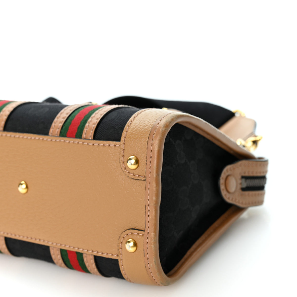 Gucci Monogram Textured Dollar Calfskin Web Mini Bauletto Duffle Top Handle Bag Black Koi Beige 10 of 13