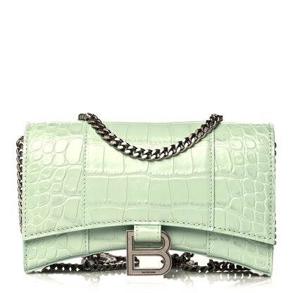 Balenciaga Shiny Calfskin Crocodile Embossed Hourglass Chain Bag Light Green 1 of 8