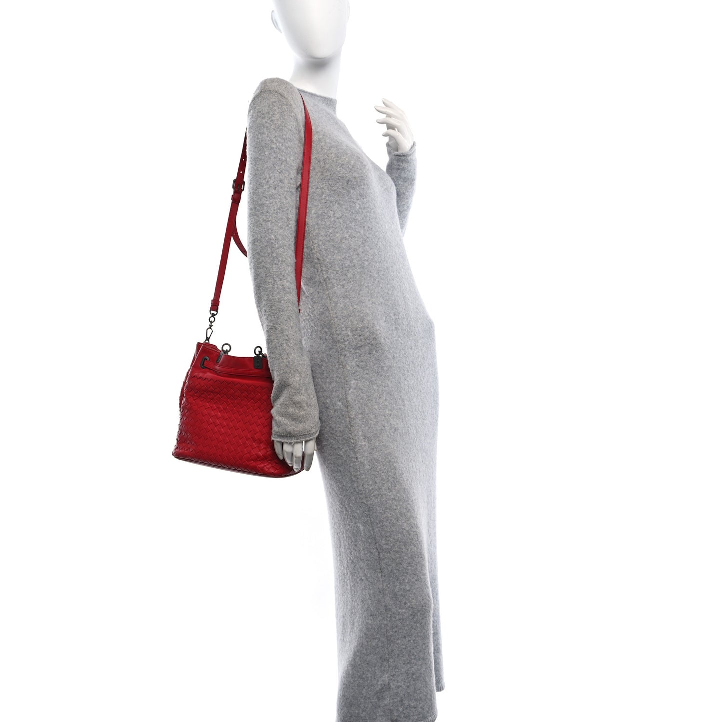 Nappa Intrecciato Drawstring Bucket Bag Red