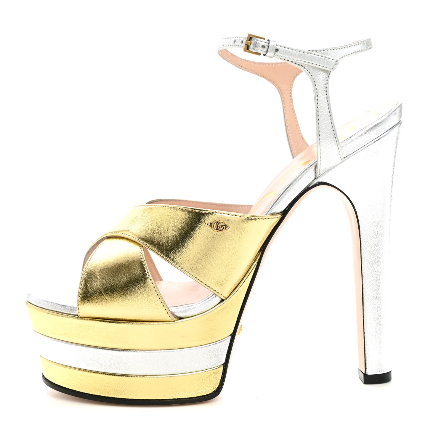 Metallic Nappa Double G 40/135mm Platform Sandals 37.5 Gold Silver