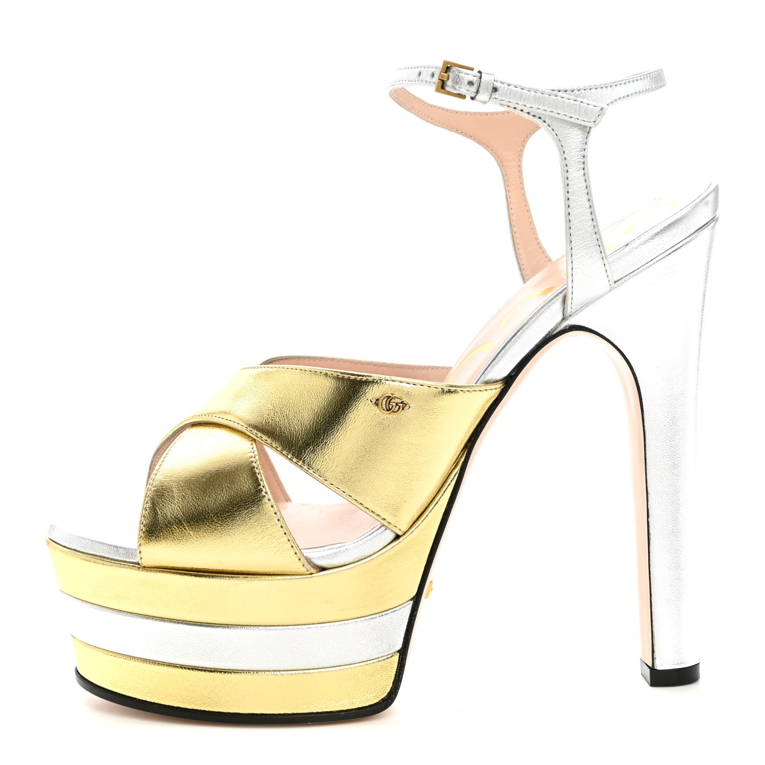 Gucci Metallic Nappa Double G 40/135mm Platform Sandals 37.5 Gold Silver 1 of 9
