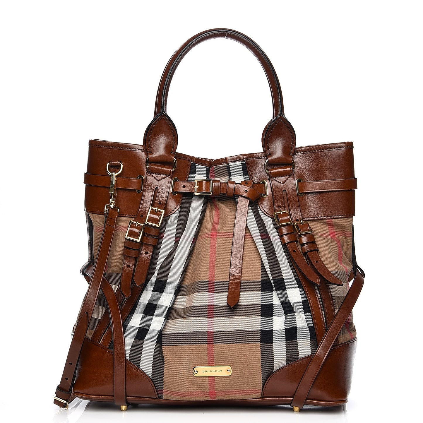 House Check Bridle Calfskin Medium Whipstitch Tote Dark Tan