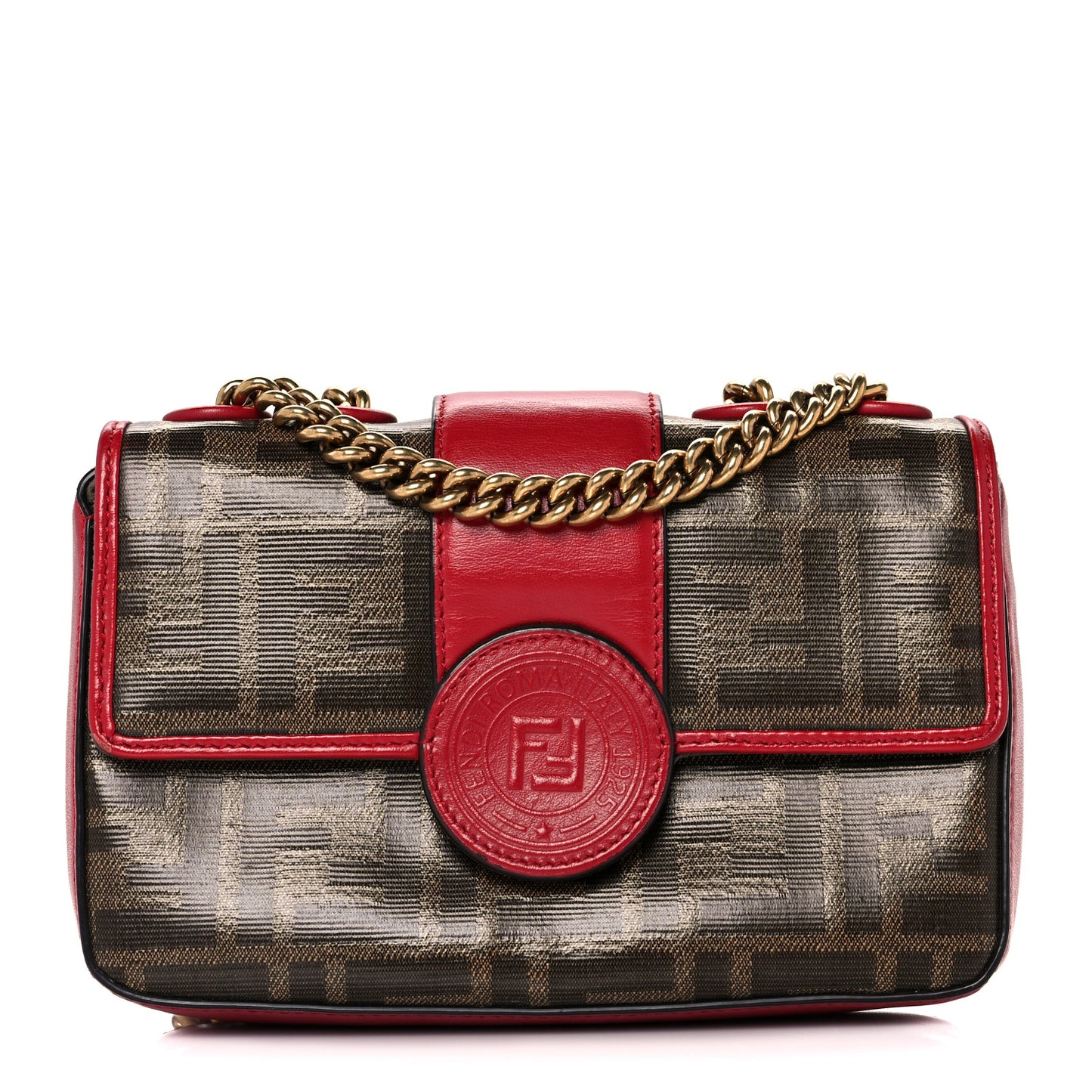 Glazed Fabric Vitello Century FF 1974 Stamp Patch Mini Double F Crossbody Bag Mogano Panna Fragola
