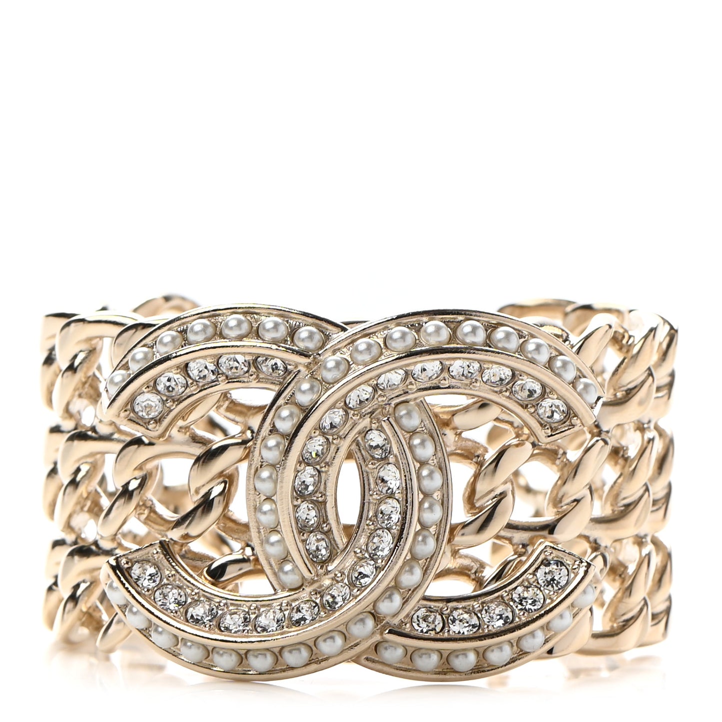 Crystal Pearl Chain CC Cuff Gold