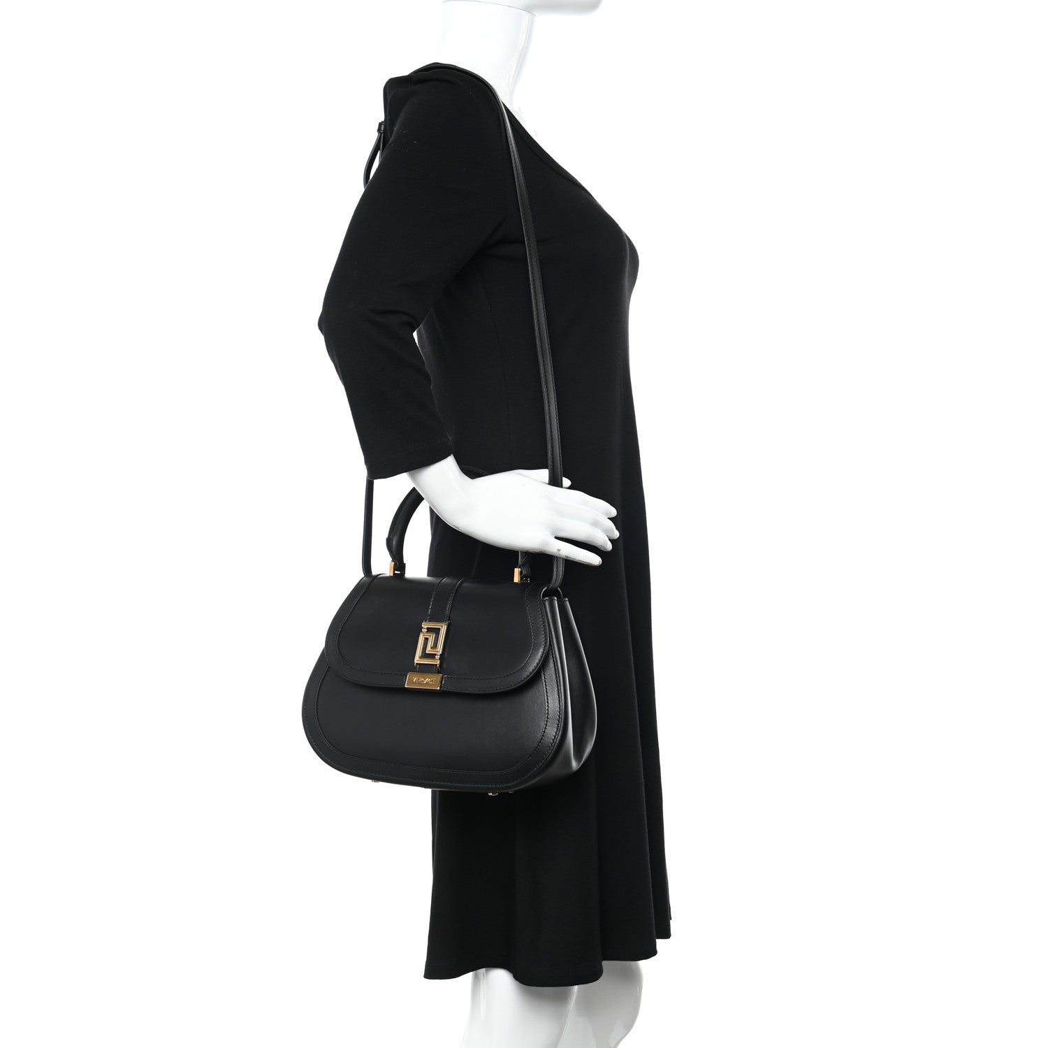 Versace Calfskin Greca Goddess Top Handle Shoulder Bag Black 2 of 9