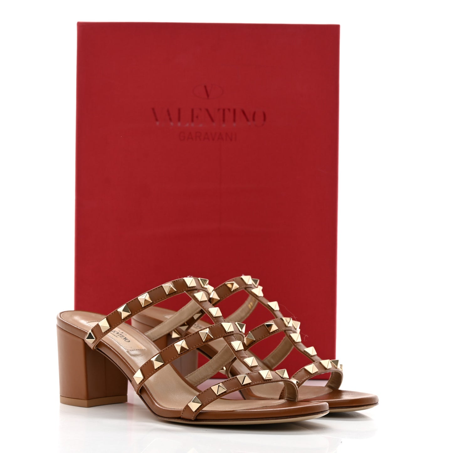 Calfskin Nappa Rockstud 60mm Caged Slide Sandals 37 Tobacco