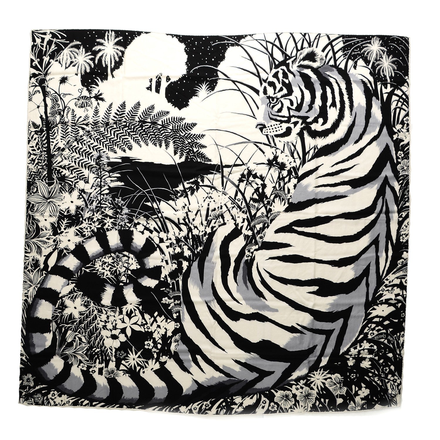 Hermes Cashmere Silk Tyger Tyger Shawl 140 Black White Gris 1 of 8