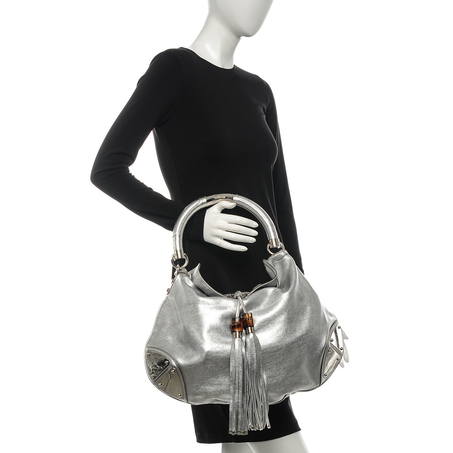Gucci Metallic Calfskin Large Indy Top Handle Hobo Silver 2 of 8
