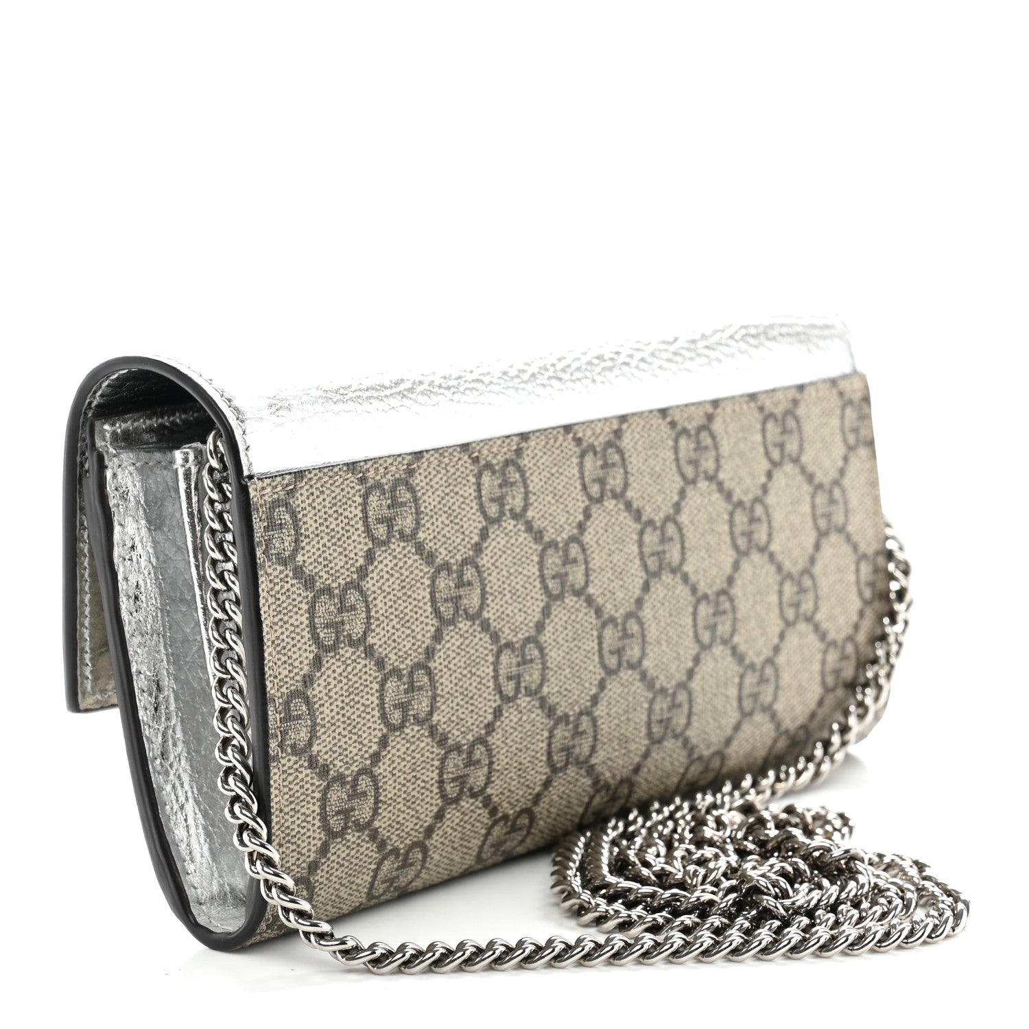 Gucci Metallic Calfskin GG Supreme Monogram Petite GG Marmont Wallet Chain Bag Silver Beige Ebony 3 of 12