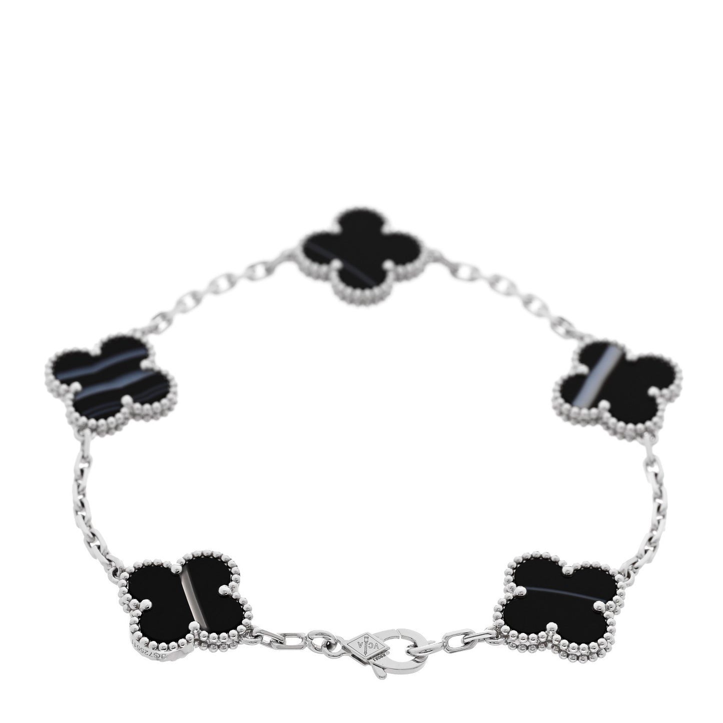 18K White Gold Veined Black Onyx 5 Motifs Vintage Alhambra Bracelet