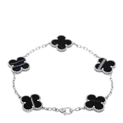 Van Cleef & Arpels 18K White Gold Veined Black Onyx 5 Motifs Vintage Alhambra Bracelet 2 of 6