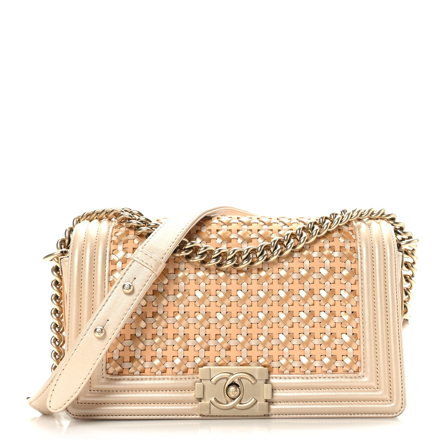 Metallic Calfskin Braided Medium Boy Flap Beige Multicolor