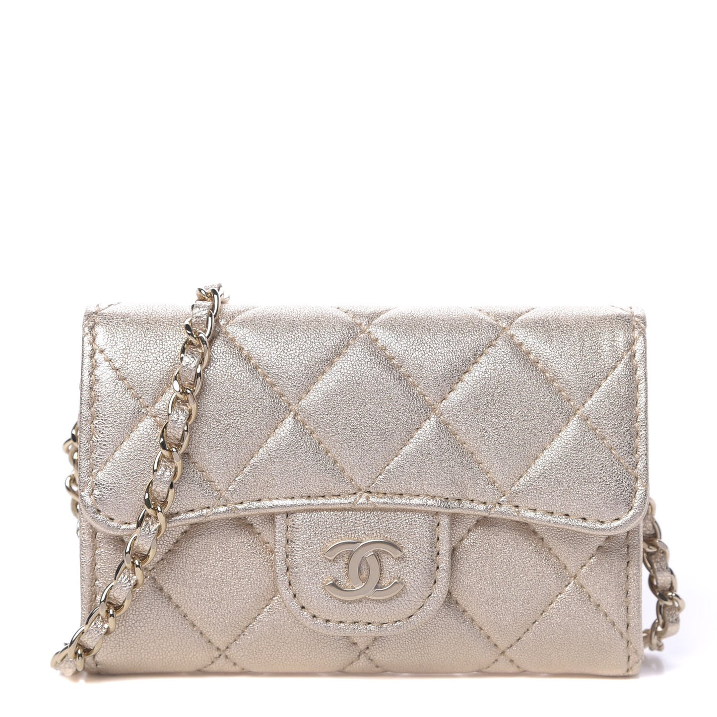 Metallic Lambskin Quilted Flap Chain Waist Bag Gold