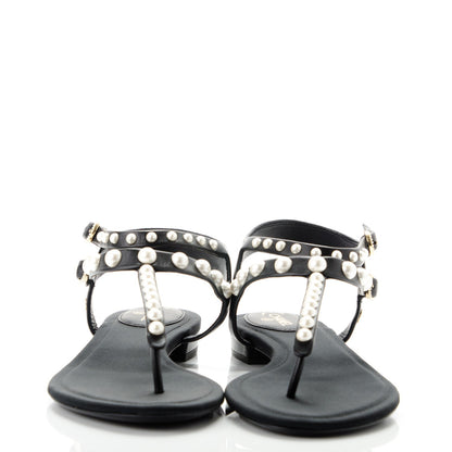 Chanel Lambskin Pearl Thong Sandals 40.5 Black 2 of 7