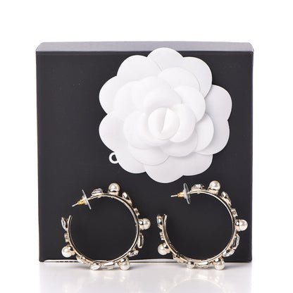 Chanel Glass Pearl Strass Snowfall Hoop Earrings Gold 7 of 7