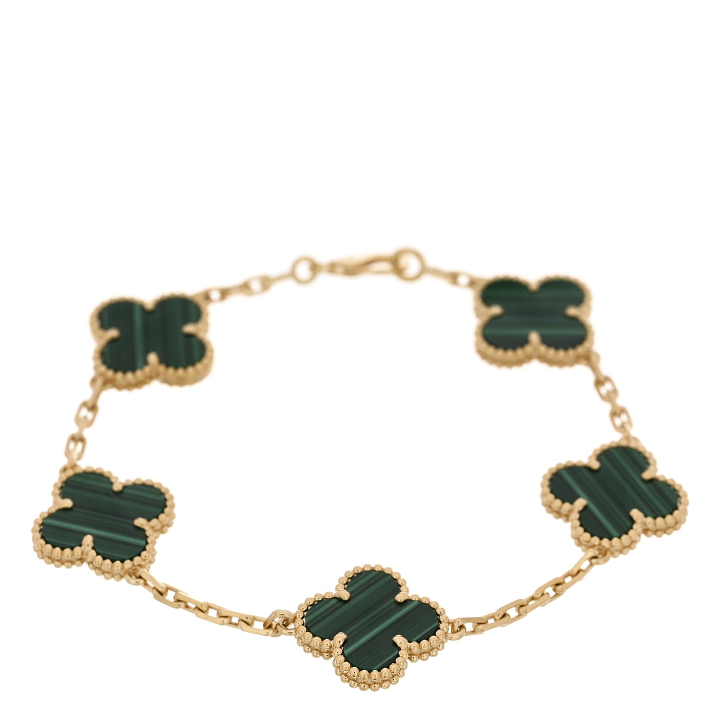 18K Yellow Gold Malachite 5 Motifs Vintage Alhambra Bracelet