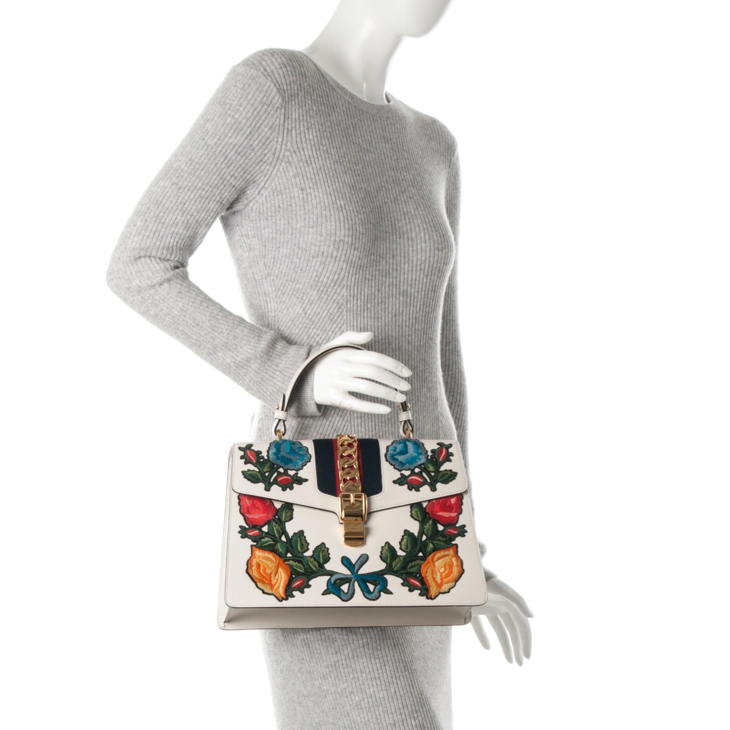 Gucci Calfskin Embroidered Medium Sylvie Top Handle Bag White 3 of 8