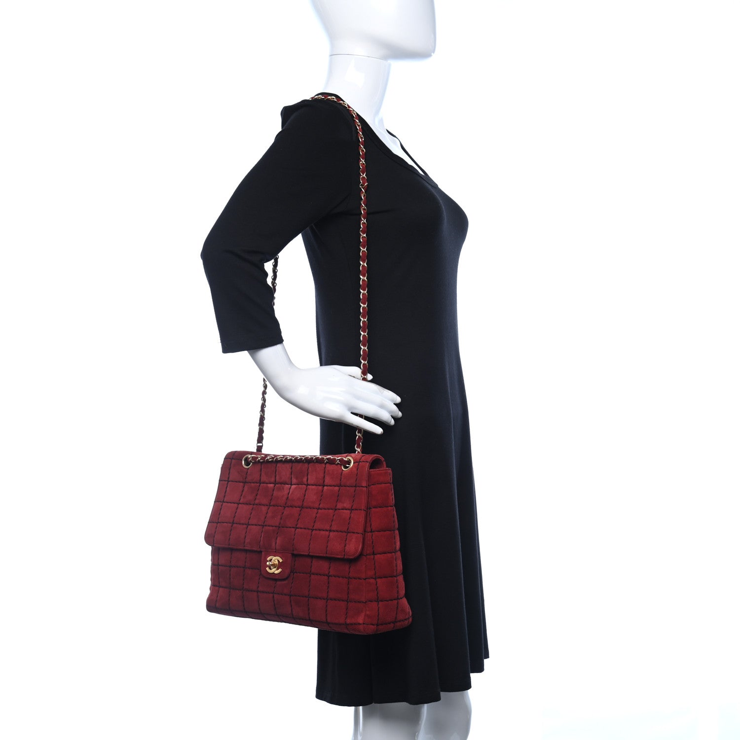 Chanel Suede Square Stitched Jumbo Single Flap Red 2 of 10