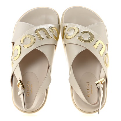 Gucci Calfskin Elizabeth Nappa Charlotte Logo Slingback Sandals 35 Mystic White Platino 2 of 11