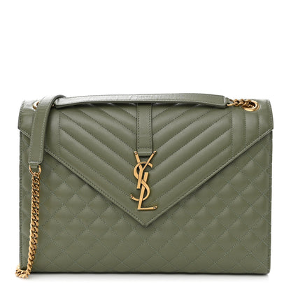 Saint Laurent Grain De Poudre Textured Mixed Matelasse Large Triquilt Monogram Satchel Light Sage 1 of 11