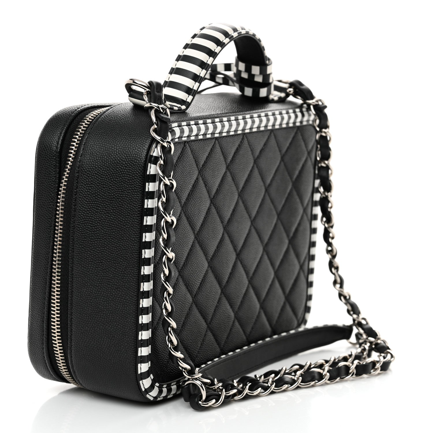 Chanel Caviar Quilted Striped Medium CC Filigree Vanity Case Black White 3 of 11