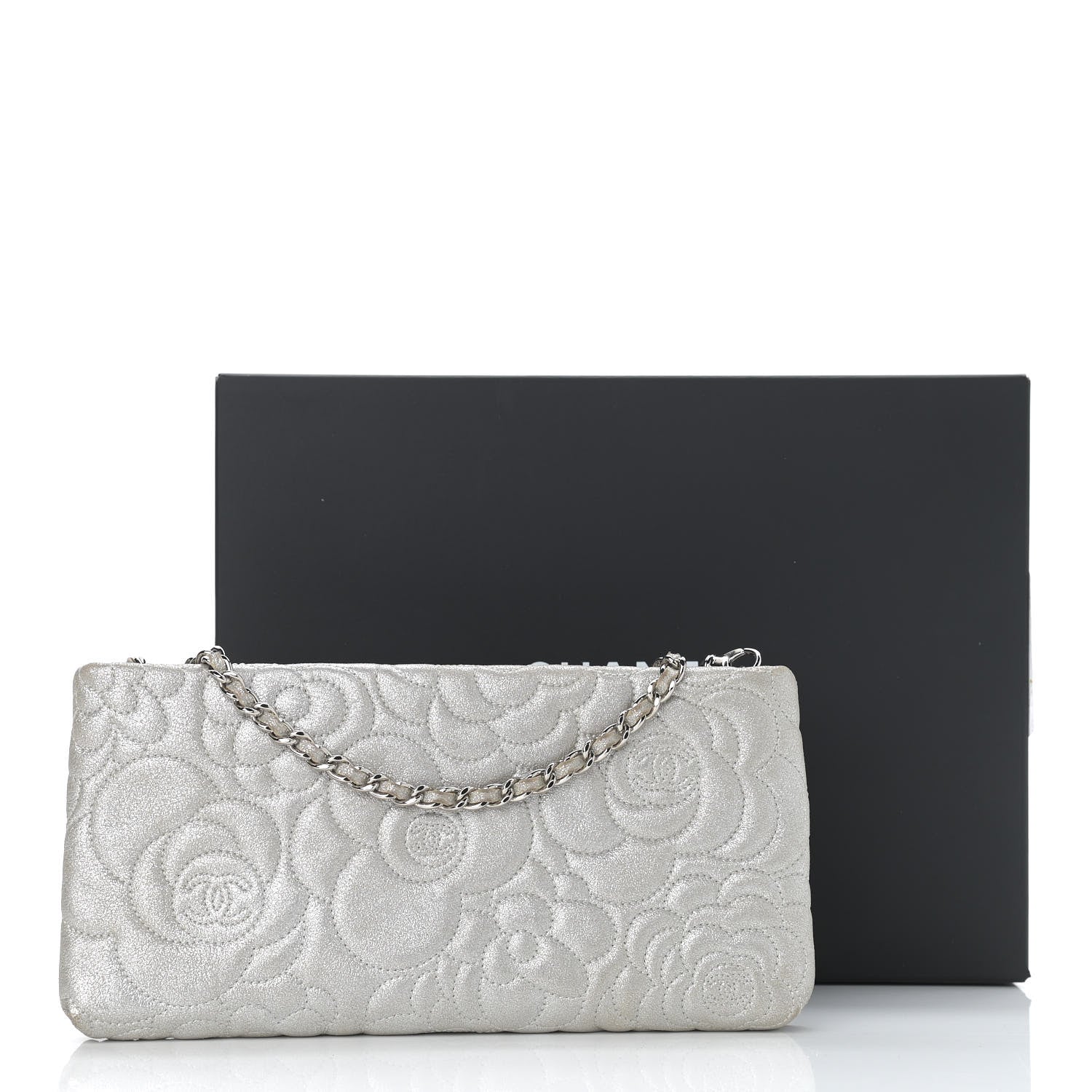 Chanel Metallic Lambskin Camellia Chain Pouch Silver 14 of 14