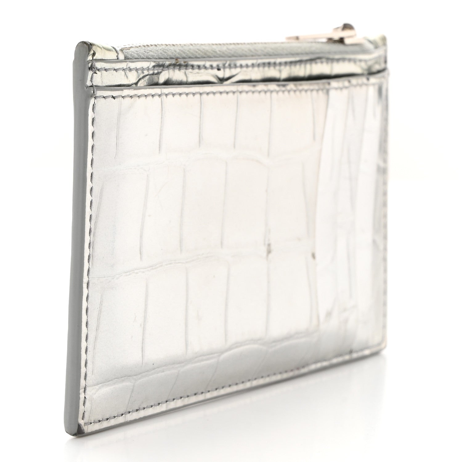 Balenciaga Metallic Calfskin Crocodile Embossed Hourglass Long Coin Case Card Holder Silver 3 of 8