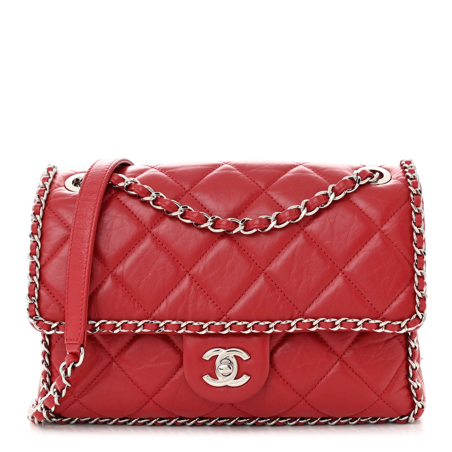 Crumpled Calfskin Medium Chain All Over Flap Red