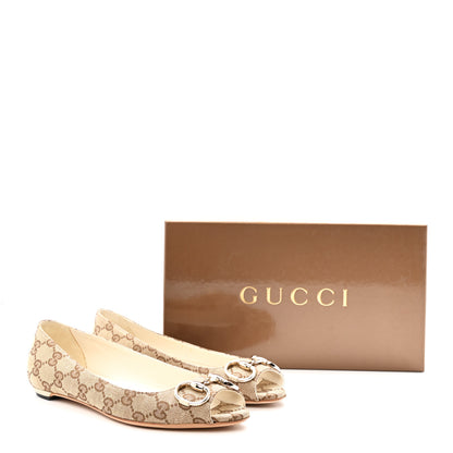 Gucci Monogram Miro Soft Calfskin Womens Horsebit Peep Toe Flats 6 Beige Ebony Mystic White 10 of 10