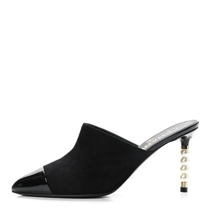Chanel Suede Patent Calfskin Cap Toe Pearl Mule 36 Black 1 of 9