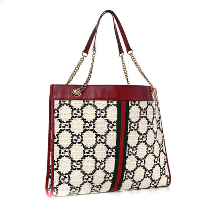Gucci Tweed GG Monogram Large Rajah Chain Tote White Black Romantic Cherry 5 of 11