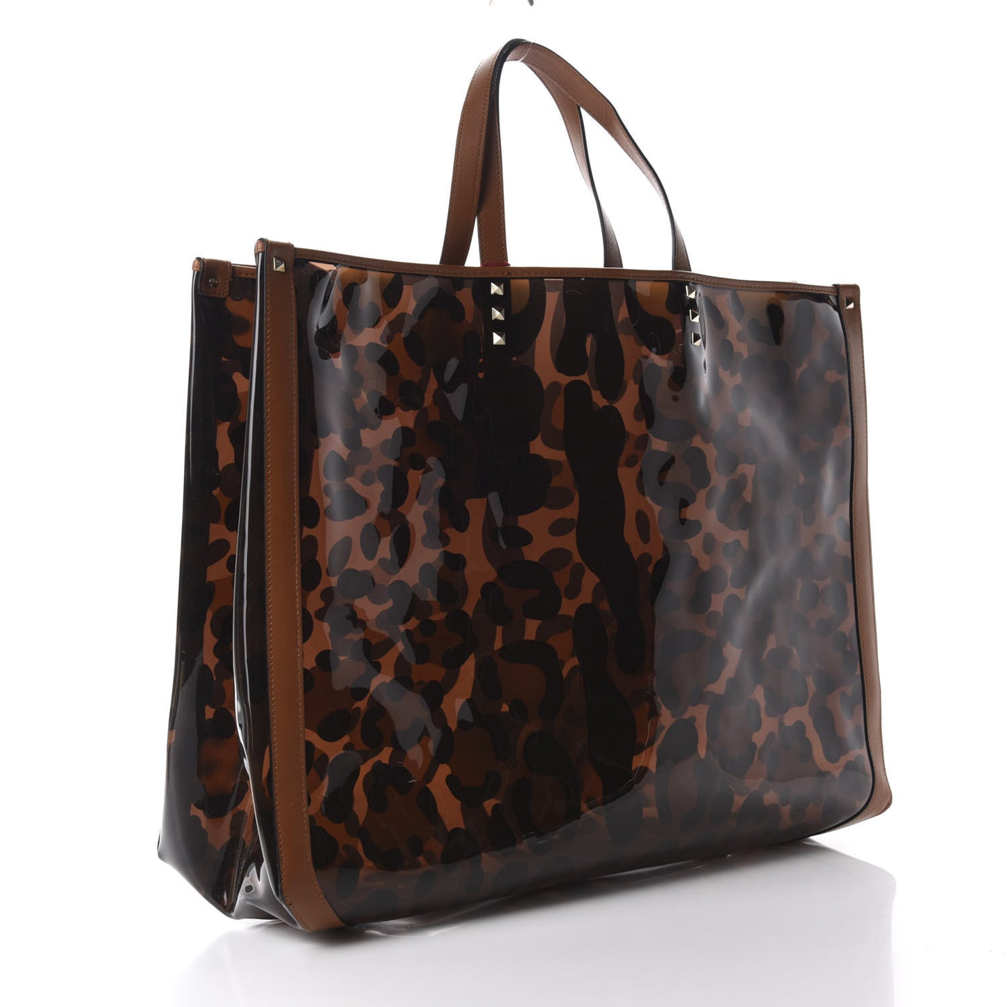 PVC Leopard Print Large Rockstud Shopping Tote Brown