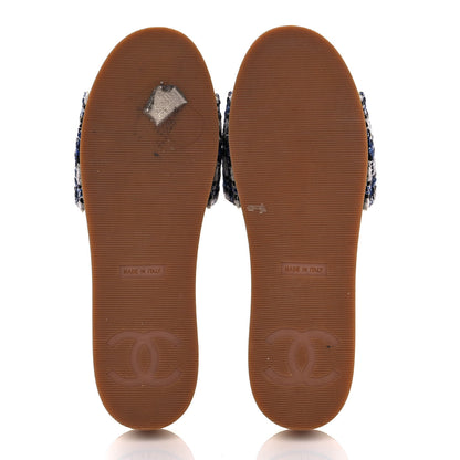 Chanel Tweed Mixed Fibers Cork CC Mule Sandal 37 Navy Blue White Blue 5 of 8