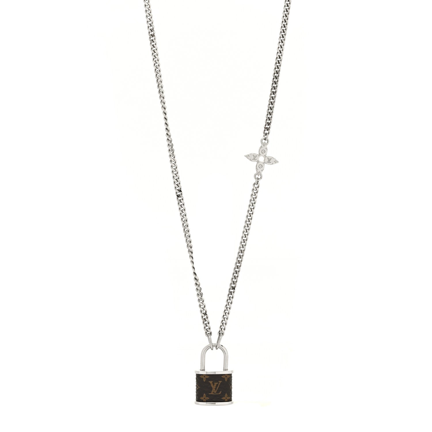 Louis Vuitton Monogram Lock Pendant Necklace Silver 1 of 7