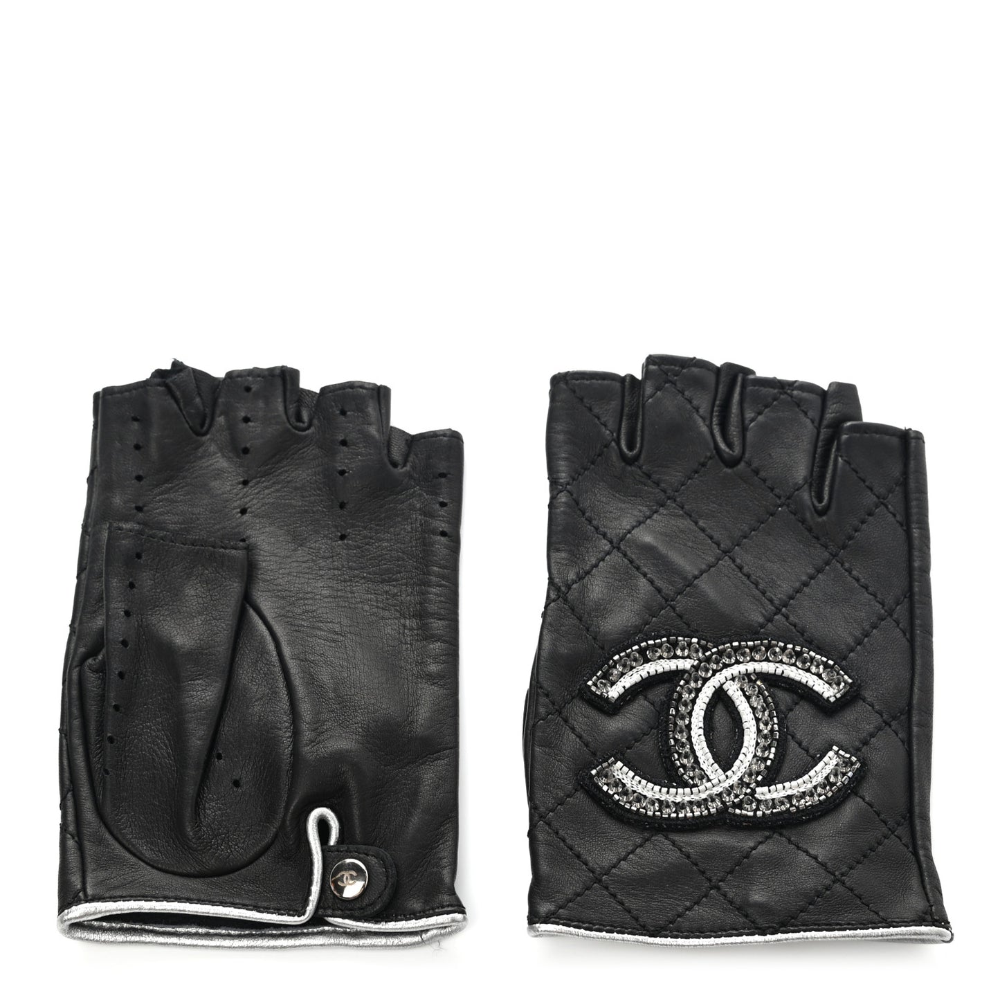 Lambskin Stitched Fingerless CC Embellished Gloves 7.5 Black