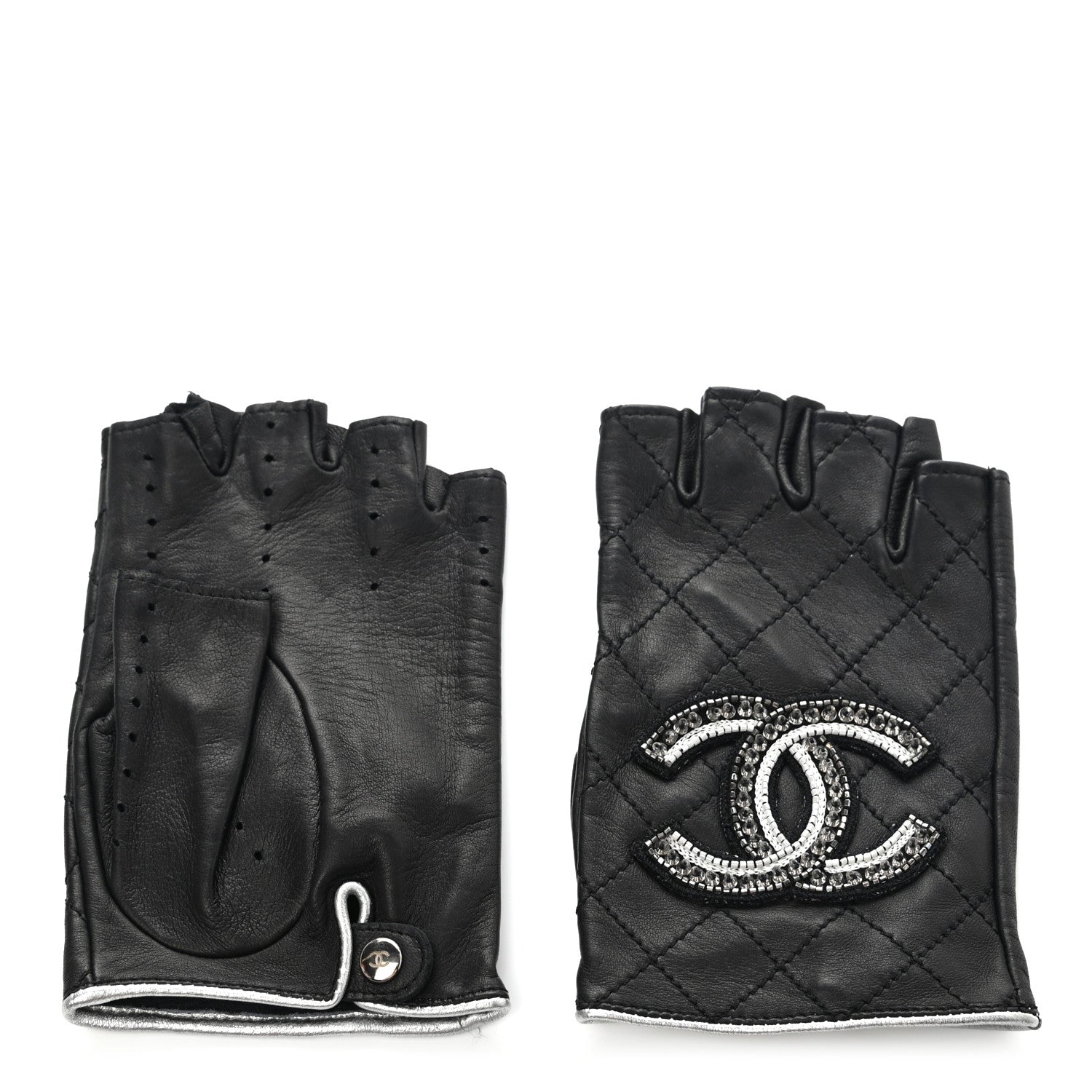 Chanel Lambskin Stitched Fingerless CC Embellished Gloves 7.5 Black 2 of 7