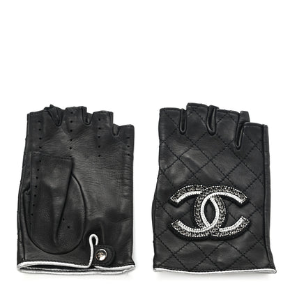 Chanel Lambskin Stitched Fingerless CC Embellished Gloves 7.5 Black 2 of 7