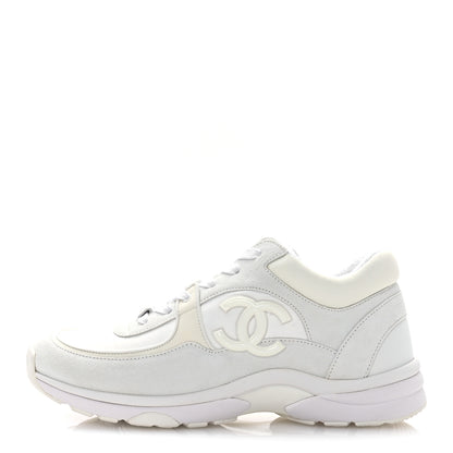 Chanel Suede Calfskin Fabric CC Sneakers 38.5 White 1 of 8