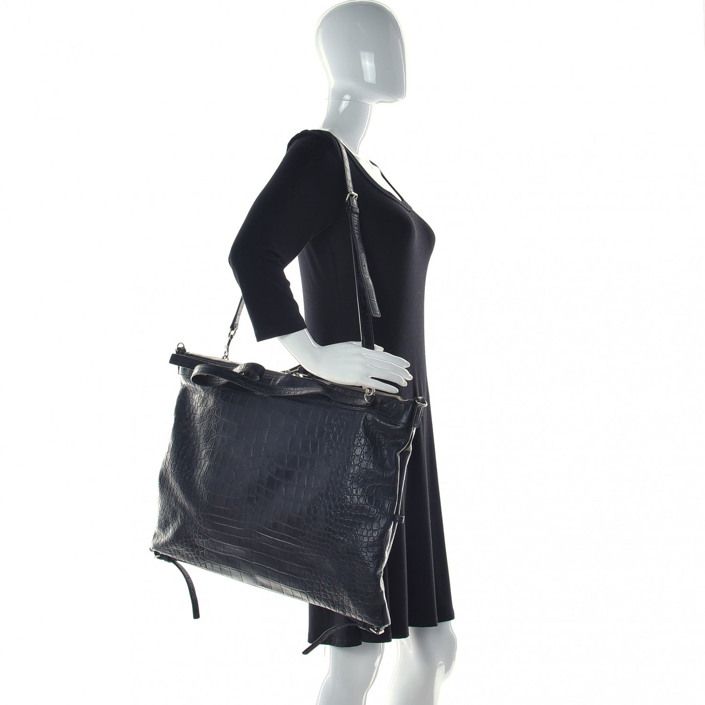 Calfskin Crocodile Embossed Large Convertible ID Bag Black