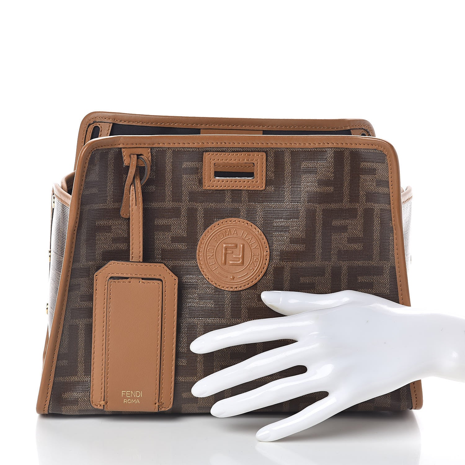 Fendi Glazed Fabric Vitello Century FF 1974 Stamp Patch Mini Peekaboo Defender Cover Mogano Panna Caramello 2 of 9