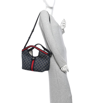 Gucci Denim GG Monogram Web Small Giglio Tote Blue White 2 of 11