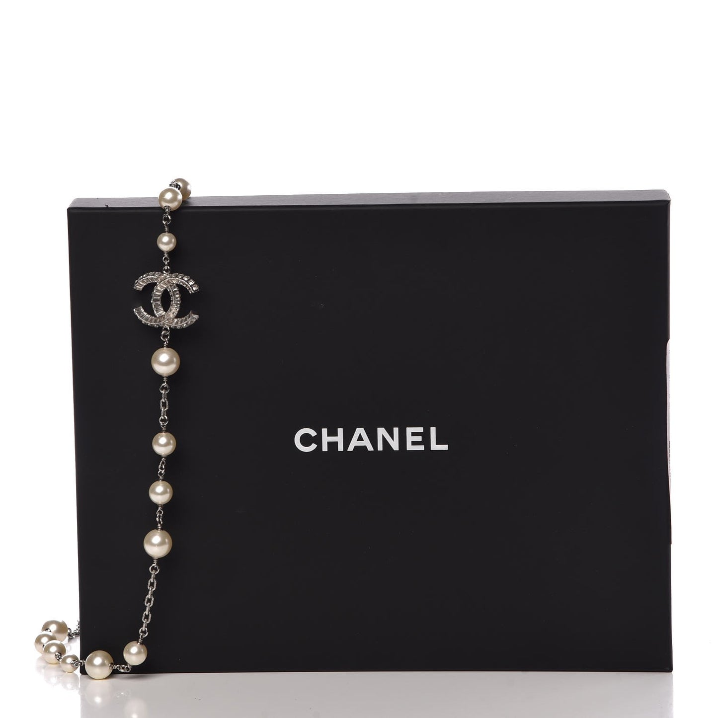 Pearl Baguette Crystal CC Long Necklace Silver