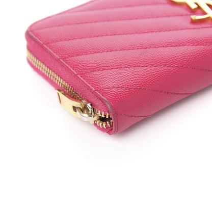 Saint Laurent Grain De Poudre Matelasse Chevron Monogram Zip Around Wallet Fuchsia 6 of 10