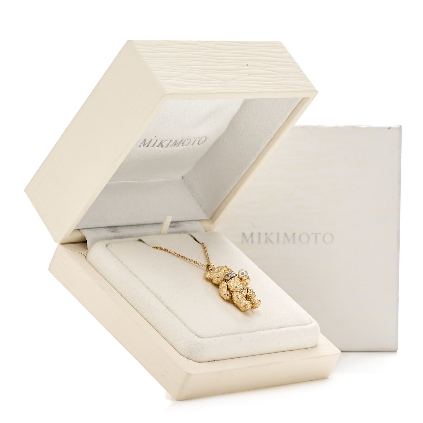 18K Yellow Gold Platinum Diamond Akoya Pearl Teddy Bear Pendant Necklace
