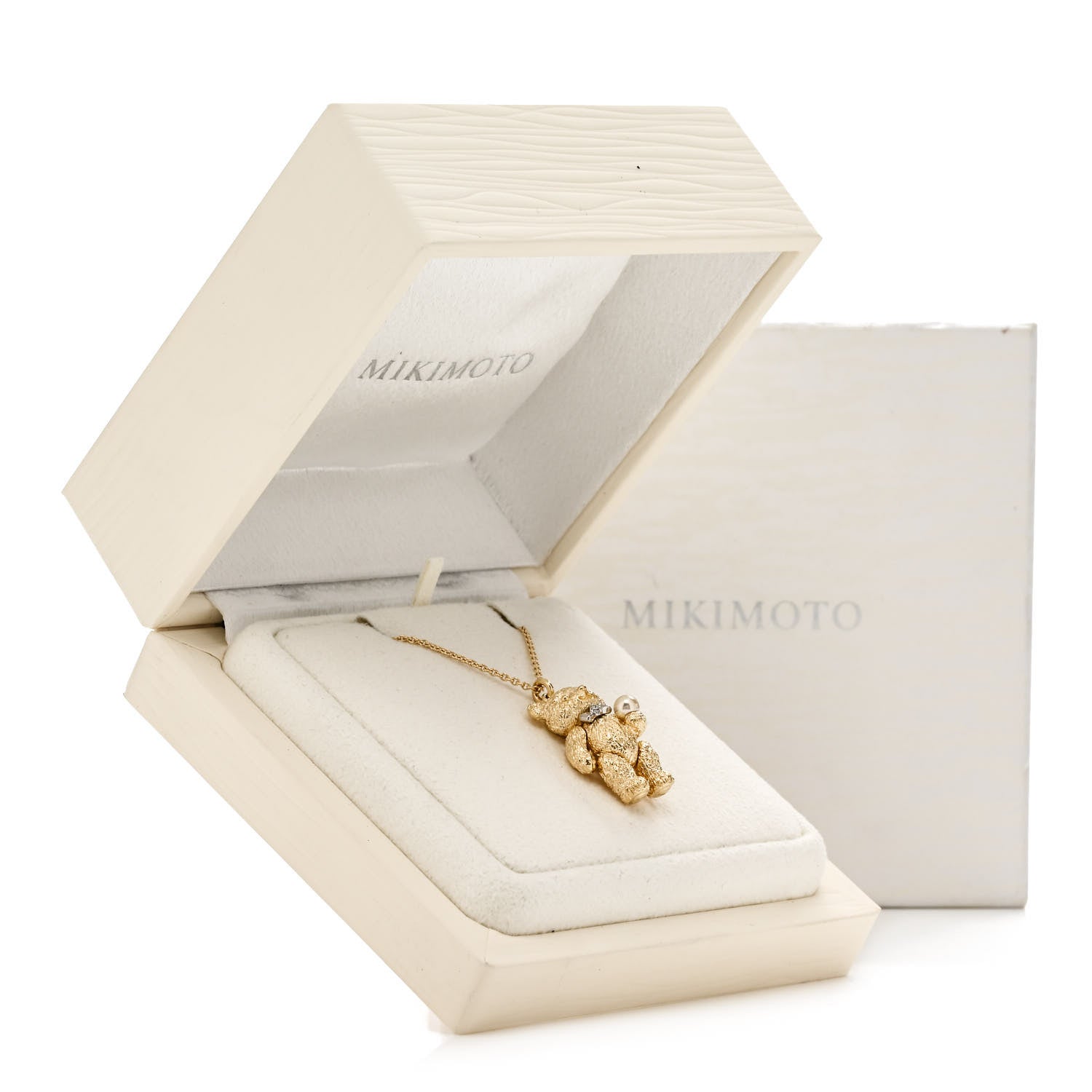 Mikimoto 18K Yellow Gold Platinum Diamond Akoya Pearl Teddy Bear Pendant Necklace 5 of 5