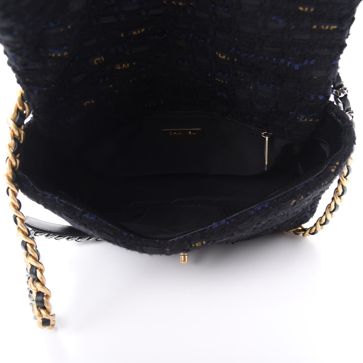 Tweed Quilted Large Chanel 19 Flap Black Navy Gold
