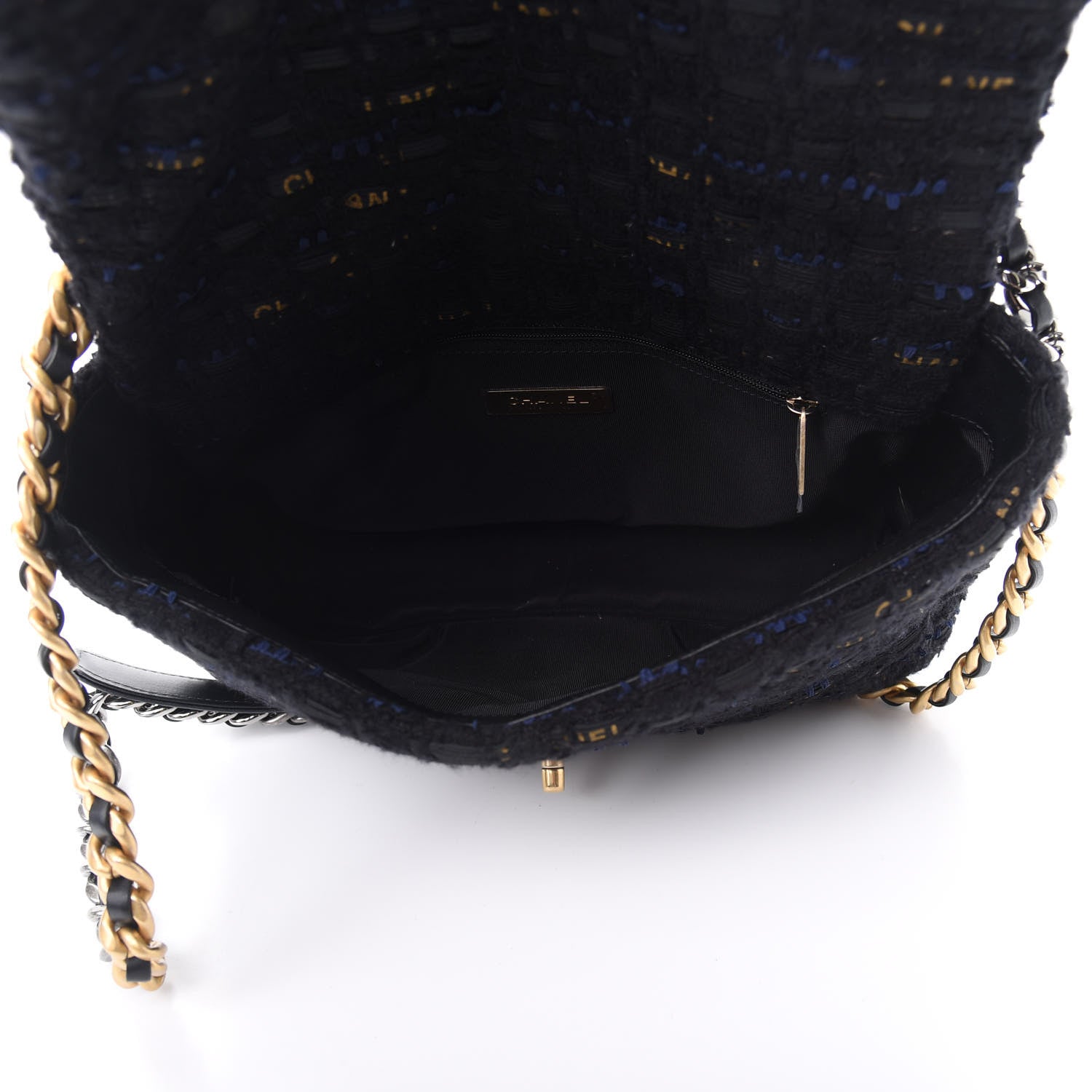 Chanel Tweed Quilted Large Chanel 19 Flap Black Navy Gold 5 of 12